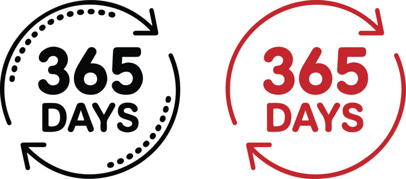 365 days cycle icon set with circular arrows in dotted black and solid green for warranty annual service and subscription design