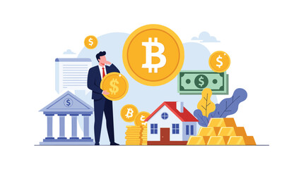 Fototapeta premium Thoughtful businessman considering various investment options including bitcoin gold property and banking assets.