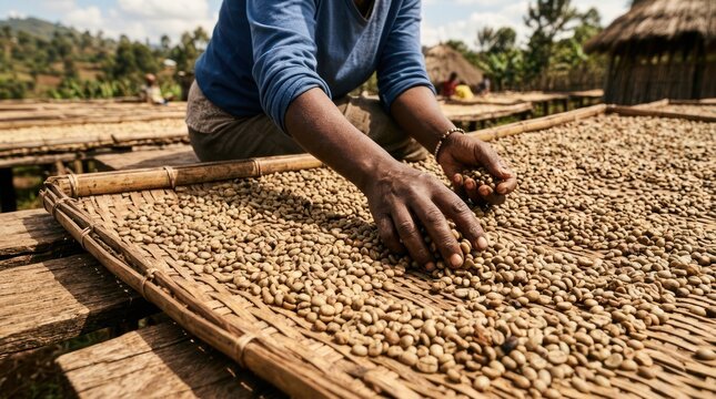 Coffee farmer sorting beans on drying racks.