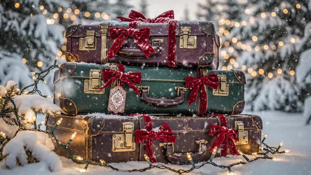 Christmas Presents Stacked on Snow with Festive Decorations.