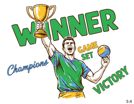 Sports champion celebration artwork. Winner holding trophy and ball. Game set victory graphic design. Athletic success poster print. Championship leag