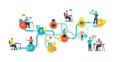 Obraz premium Digital Workflow Network: E-learning and Remote Team Collaboration Process. People Connected Online in a Decentralized Business and Education Ecosystem.