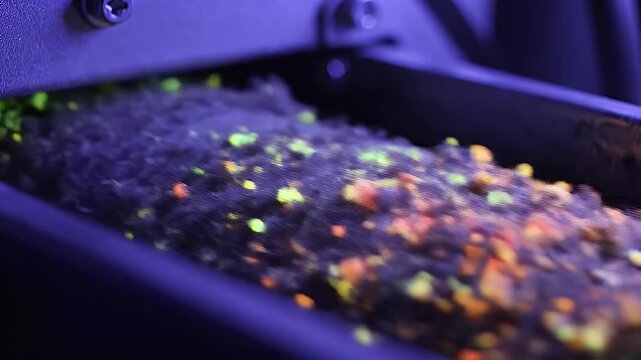 Close-up shot of microplastic particles glowing under UV light on industrial pollution sample in a dark laboratory setting with a scientific and ominous mood.
