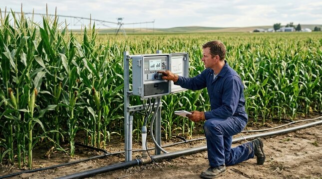 Farmer checks irrigation system in a cornfield.