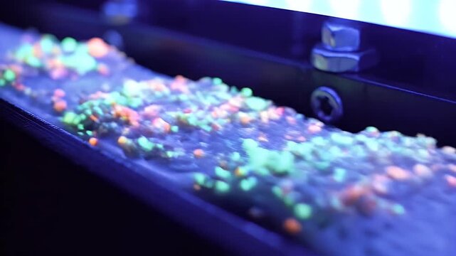 Close-up shot of microplastic particles from industrial pollution scattered on a conveyor belt in a dark, blurry environment with a blue hue and shallow depth of field.