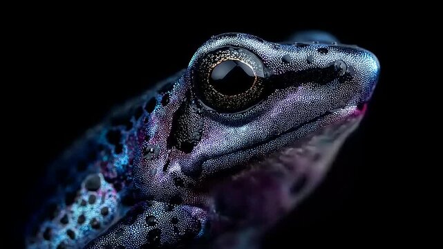 Mesmerizing close-up shot showcasing the vibrant hues and intricate skin patterns of a poison dart frog against darkness