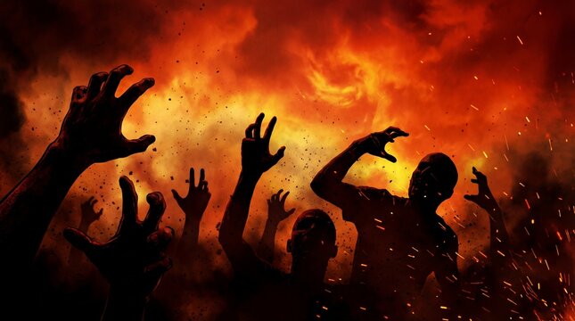 Silhouettes of damned souls reaching out from a fiery inferno of hell.
