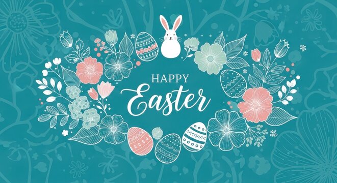 Happy easter wishes with easter eggs and bunny in floral wreath
