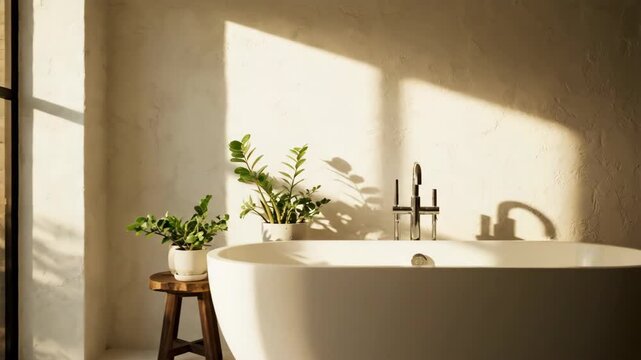 Modern bathroom interior with white bathtub, plants, stool, and sunlight streaming through window, serene home spa concept.