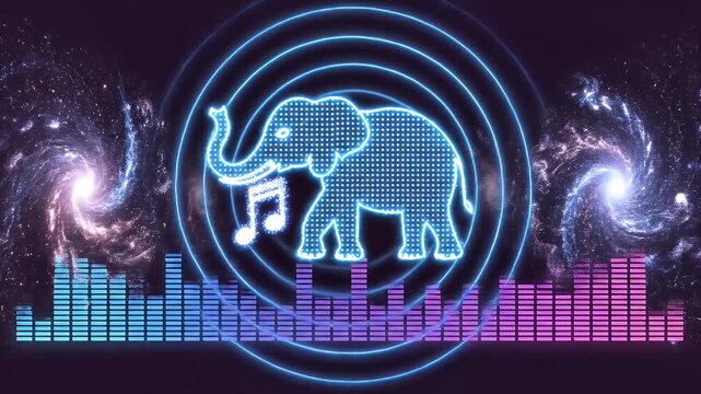 Glowing elephant with music notes, surrounded by sound waves and cosmic background