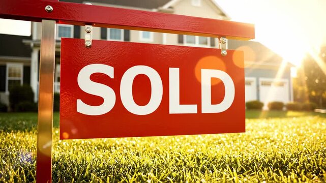 House Sold Sign in Front of a Beautiful Home.