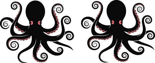 Stylized symmetrical black octopus illustrations with pink suction cups and eyes, dynamic tentacle design perfect for marine artwork, creative vector projects, and educational stock content © Tanzila