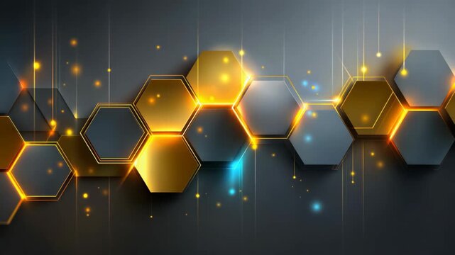 blue yellow Hexagonal metallic abstract background floating in dark space, featuring futuristic technology patterns with glowing edges and sleek high-tech digital atmosphere.