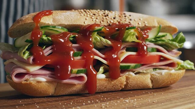 Delicious submarine sandwich with fresh ingredients and ketchup being poured
