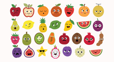 Obraz premium Cute Colorful Fruit Character Collection with Happy Cartoon Food Illustrations