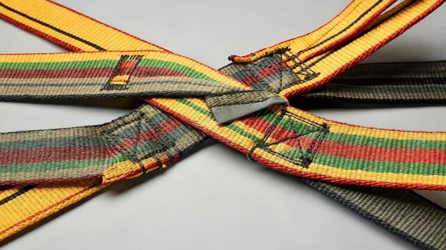 Closeup medium shot of flat woven lifting slings demonstrating versatile rigging harness with reinforced edges for enhanced durability in heavy lifting tasks.