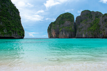 Fototapeta premium View of famous Maya Bay, Thailand. One of the most popular beach in the world. Ko Phi Phi islands. Beach without people.