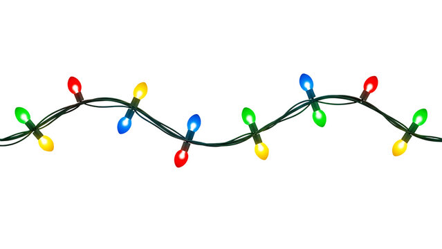 Colorful christmas lights string isolated on transparent background