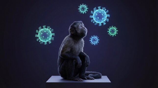 Monkeypox virus concept with a primate and glowing pathogens.