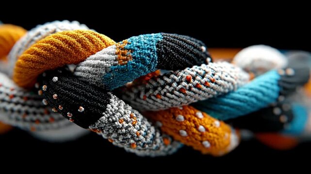 A close-up view shows a tightly interwoven braid with textured strands of various colors, against a dark background