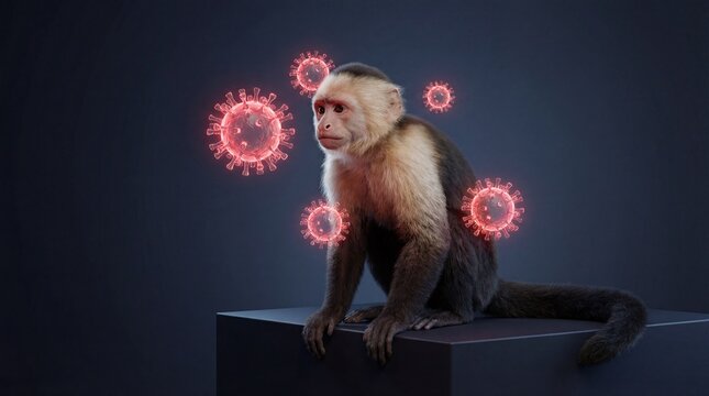 Capuchin monkey surrounded by conceptual glowing red virus particles.