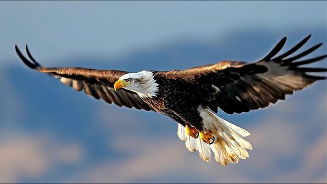 Majestic eagle soars, wings spread wide against a serene, cloud-streaked blue sky. Feathers and sharp talons are sharply detailed