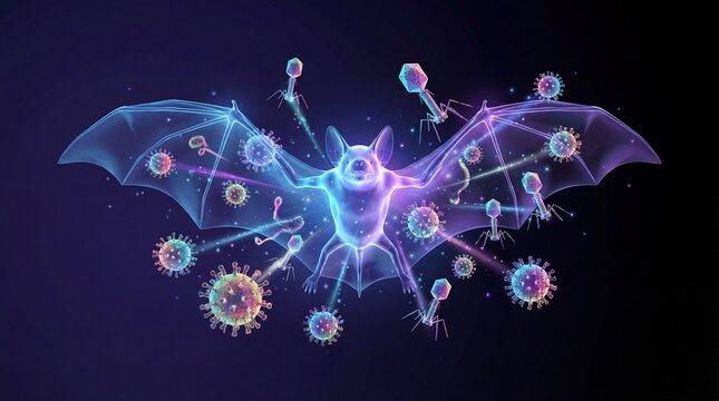 Holographic bat surrounded by coronaviruses and bacteriophages representing zoonotic diseases.
