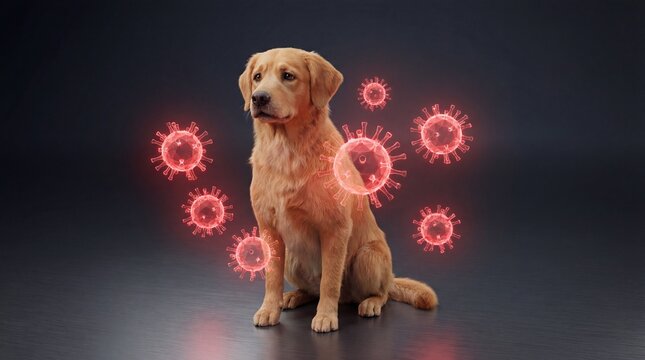 Golden Retriever Dog Surrounded by Conceptual Virus Particles.