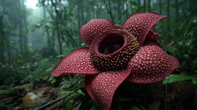 Giant Rafflesia Flower in Lush Misty Rainforest Jungle