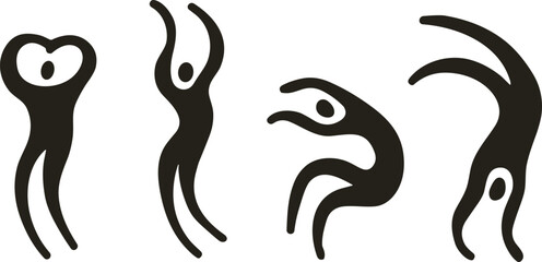 Black Silhouette Collection of Abstract Dancing Figures, Stylized Human Forms in Motion, Contemporary Artistic People Poses Isolated on White Background Vector.