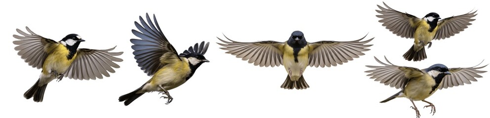 Dynamic Great Tit Bird Characters in Various Flying Poses Isolated on White Background PNG for Nature and Wildlife Illustration Design Set Bundle © ARSALAN