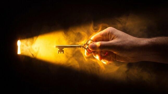 Hand holding an old key unlocking a mysterious door with golden light streaming out.