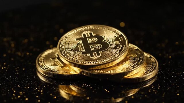 Bitcoin Coins Stacked on Black Surface, Cryptocurrency Concept