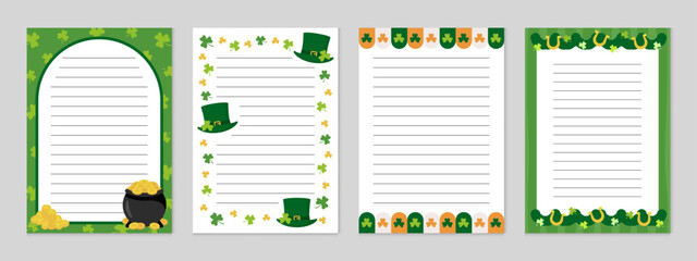 A4 St. Patrick’s Day frame set with pot of gold, coins, clover, Irish flag, hat and horseshoe. Ideal for invitations, greeting cards, party posters, worksheets and festive paper designs. © Qubii Studio