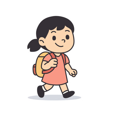 Cheerful Elementary Schoolgirl Walking to Class with Yellow Backpack and Flowing Pink Dress, Minimal Flat Vector Character