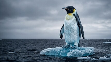 Obraz premium Emperor Penguin Standing on Small Iceberg in Dark Ocean, Climate Change Concept
