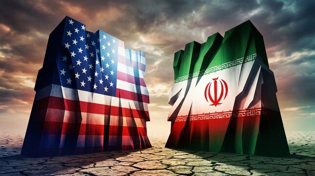 Symbolic representation of the geopolitical tension and conflict between the United States and Iran, with their flags on opposing cracked structures under a stormy sky.