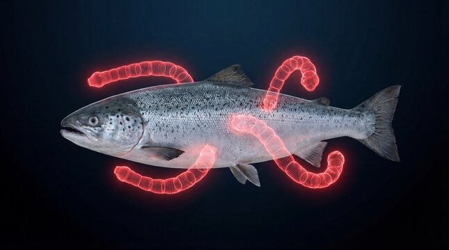 Atlantic salmon infected with glowing red parasitic worms concept.