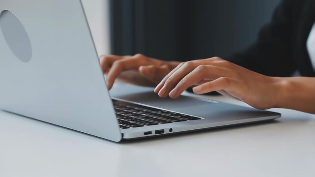 Close-up of professional female hands typing quickly on a silver laptop keyboard, working remotely on an important project in a modern office or home setting.