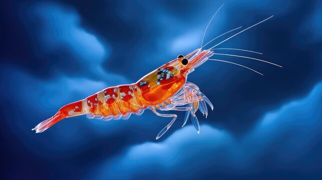 Brightly Colored Shrimp Floating in Deep Blue Waters with Ethereal Background and Delicate Antennas Capturing the Vibrancy of Marine Life