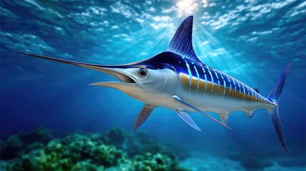 Fototapeta premium Vibrant Swordfish Swimming Gracefully Through Clear Blue Ocean Waters with Sunlight Shining and Coral Reef in the Background