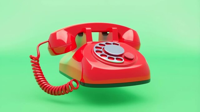 Vibrant Red Retro Rotary Telephone Spinning on a Bright Green Screen Background for Communication Concepts