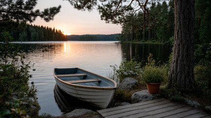 Obraz premium Wide Landscape of Summer Sunrise Over Calm Nordic Lake with Canoe Leaving Dock and Forest Reflection