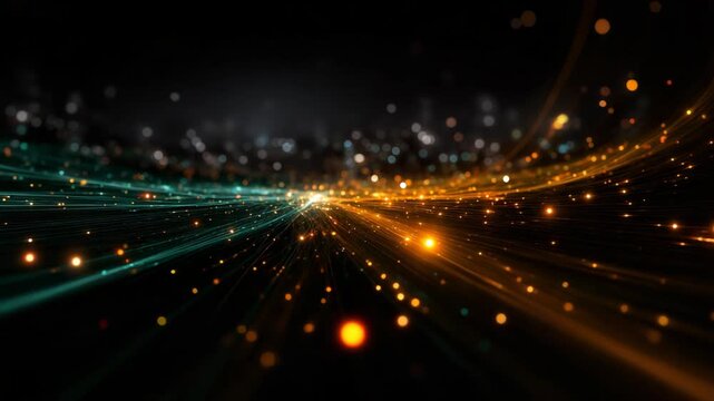 Glowing light thread flowing through deep black space, creating a futuristic abstract scene with luminous energy lines and elegant minimal contrast.