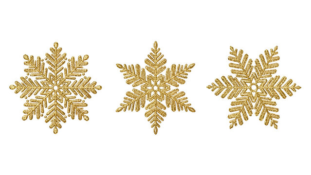 Three intricate gold snowflakes with detailed patterns isolated on transparent background