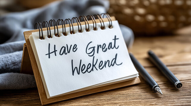 Handwritten "Have a Great Weekend" message on a notepad, simple weekend greeting, motivational note concept, handwritten weekend card, warm personal weekend message, with copy space