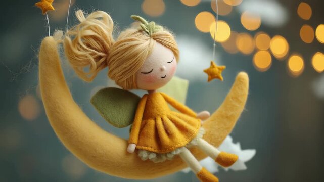 Cute pretty felt doll girl sitting on a crescent moon with stars and glowing bokeh lights, creating a dreamy relaxing fantasy night scene.