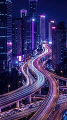 Obraz premium Neon Smart City Highway with Light Trails in Futuristic Financial District Vertical
