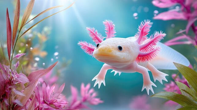 Underwater Scene of a Colorful Axolotl Surrounded by Pink Plants in a Serene Aquatic Environment with Soft Light and Bubbles