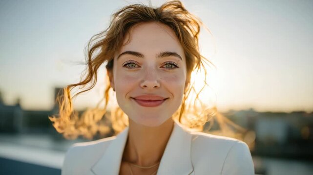 Caucasian businesswoman in a white jacket smiling to camera on a city street, wind flowing through her hair, capturing confident modern urban professional lifestyle.